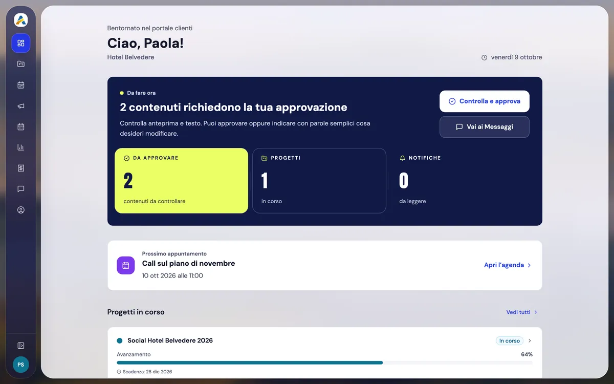 Il portale del cliente Hotel Belvedere: due contenuti richiedono l'approvazione, il prossimo appuntamento e i progetti in corso.