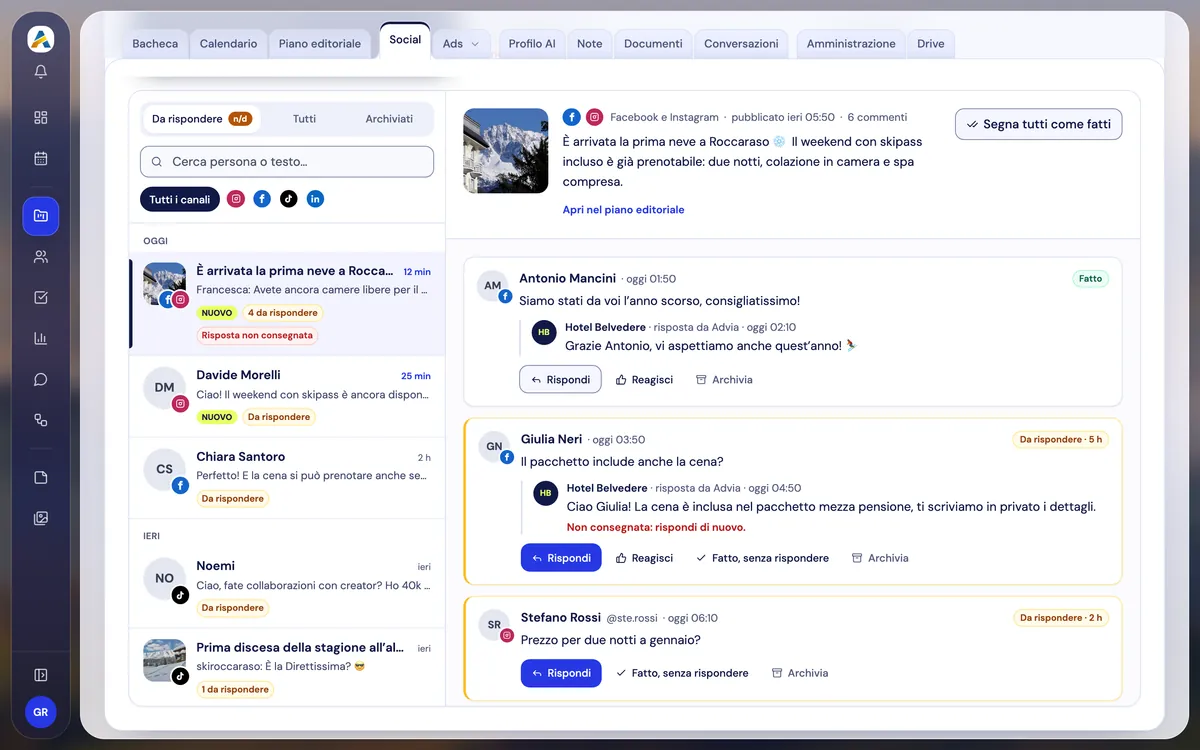 La casella social di un progetto: commenti e messaggi da Instagram, Facebook e TikTok con le risposte dell'agenzia.