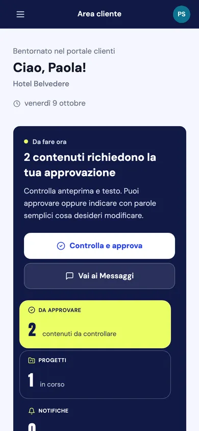 Il portale del cliente sul telefono: due contenuti richiedono la sua approvazione.